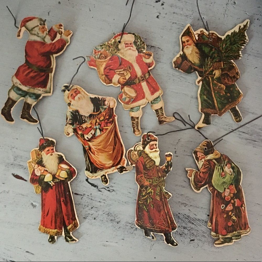 Vintage 1970s Santa Claus Victorian Style Paper Ornament - Lot of 7